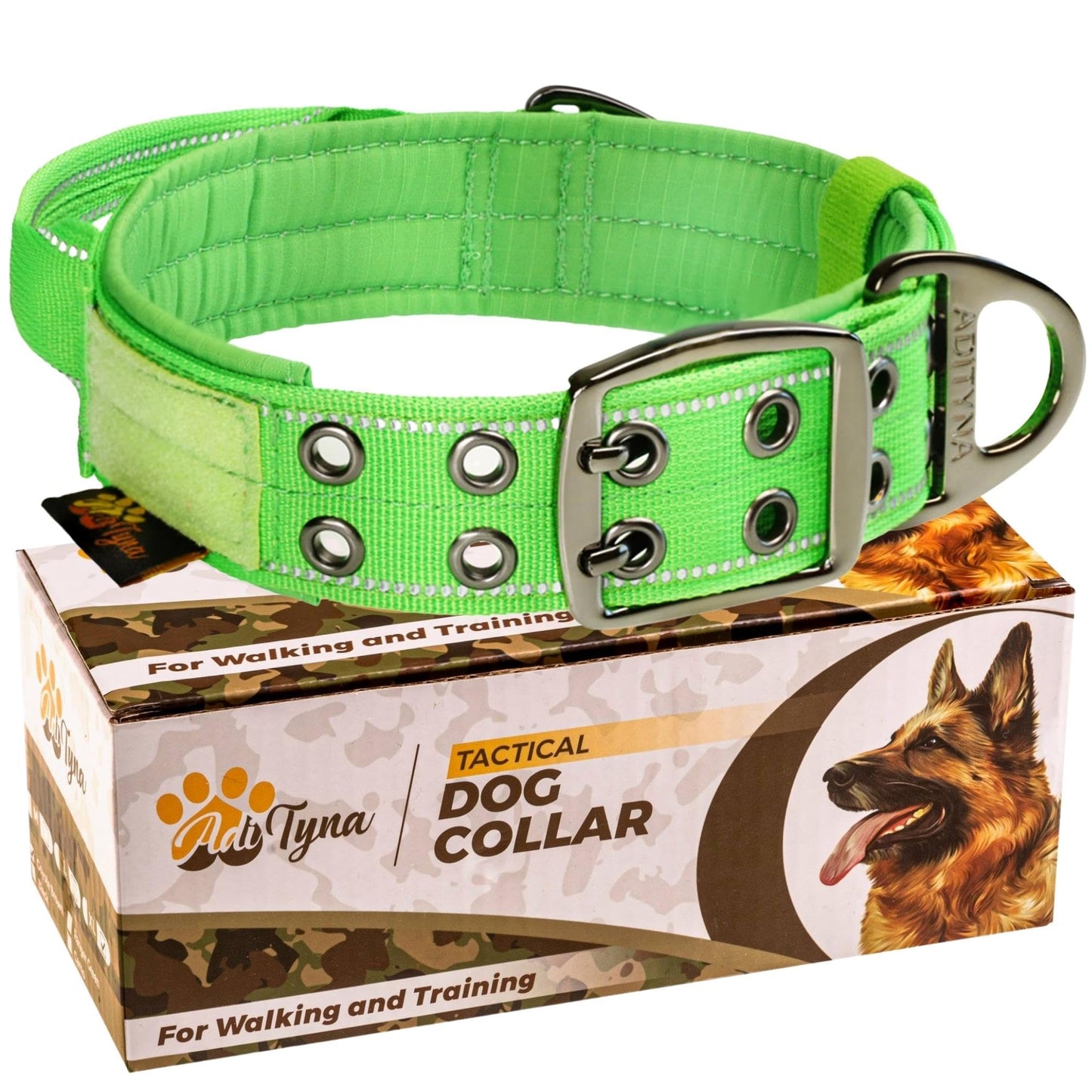 ADITYNA - Heavy Duty Dog Collar with Handle - Thick Dog Collar for Large Dogs - Wide, Reflective, Tactical, Soft Neoprene Padded - Perfect Dog Collar for Training and Walking