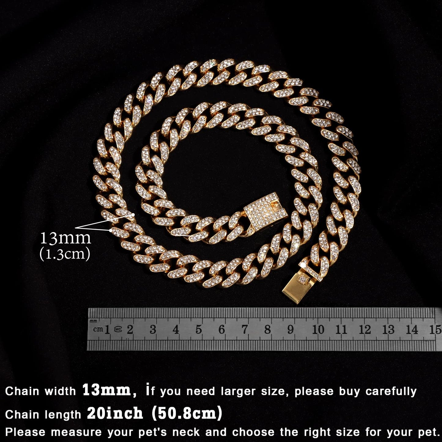 Cuban Link Dog Collar Gold Silver Color Metal Chain Diamond Pet Collars for Dogs Cats Jewelry 8/10/14/16/18/20/24/28 Inch (16inch, Gold)