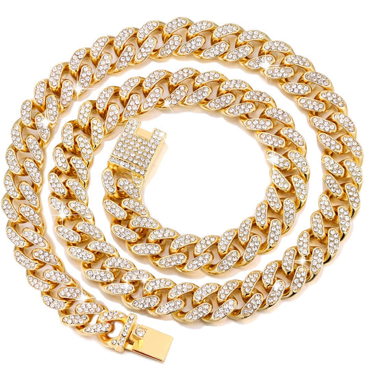 Cuban Link Dog Collar Gold Silver Color Metal Chain Diamond Pet Collars for Dogs Cats Jewelry 8/10/14/16/18/20/24/28 Inch (16inch, Gold)