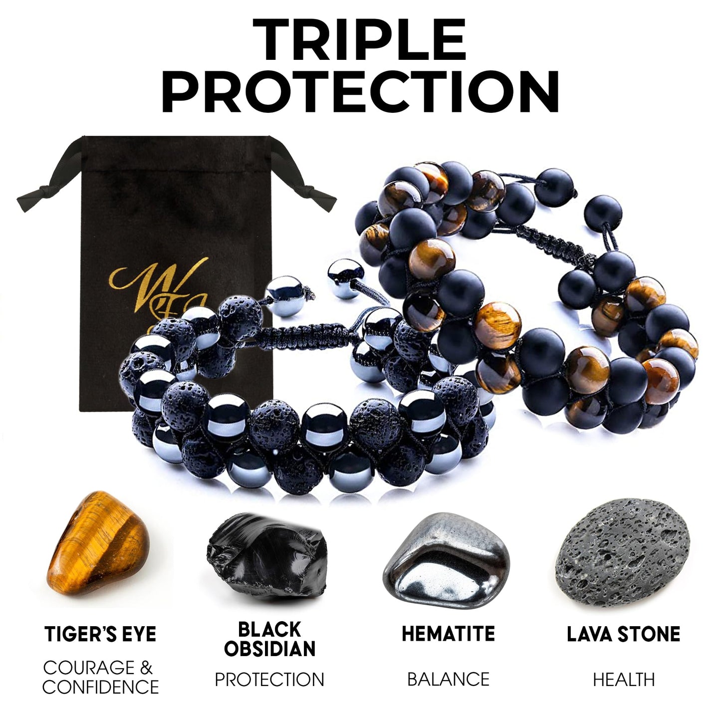 Black Obsidian Hematite Triple Protection Bracelet 10MM beads Set, Blue Tiger Eye Beads Bracelets, Lava Stone bracelets for Men Women