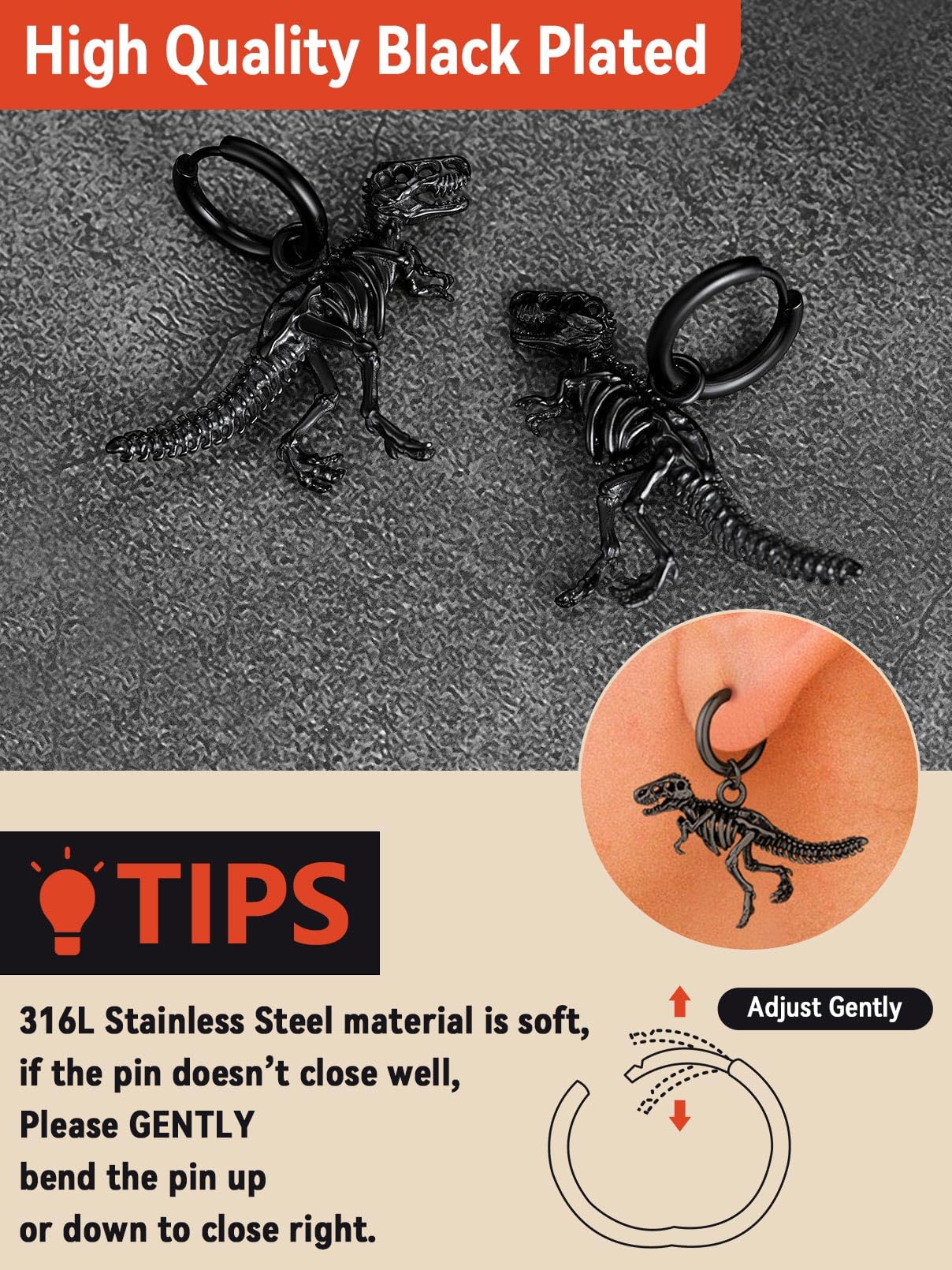 FaithHeart Dragon/Dinosaur/Snake Hoop Earrings for Men, Sturdy Stainless Steel Punk Biker Animals Hypoallergenic Jewelry, Gift Box