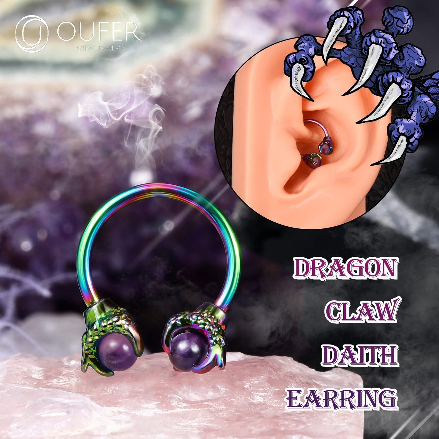 OUFER 316L Surgical Steel Circular Earrings Two White Opals Surrounded by Dragon Claws Cartilage Earing Ear Body Piercing Jewelry Helix Earrings Piercing…