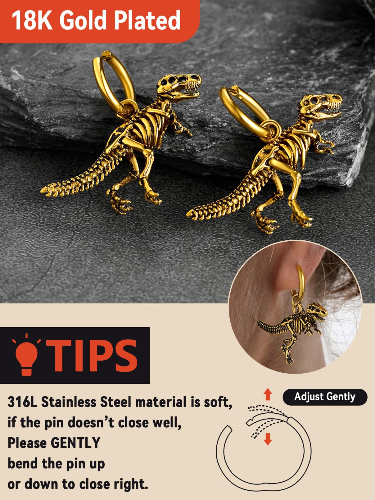 FaithHeart Dragon/Dinosaur/Snake Hoop Earrings for Men, Sturdy Stainless Steel Punk Biker Animals Hypoallergenic Jewelry, Gift Box