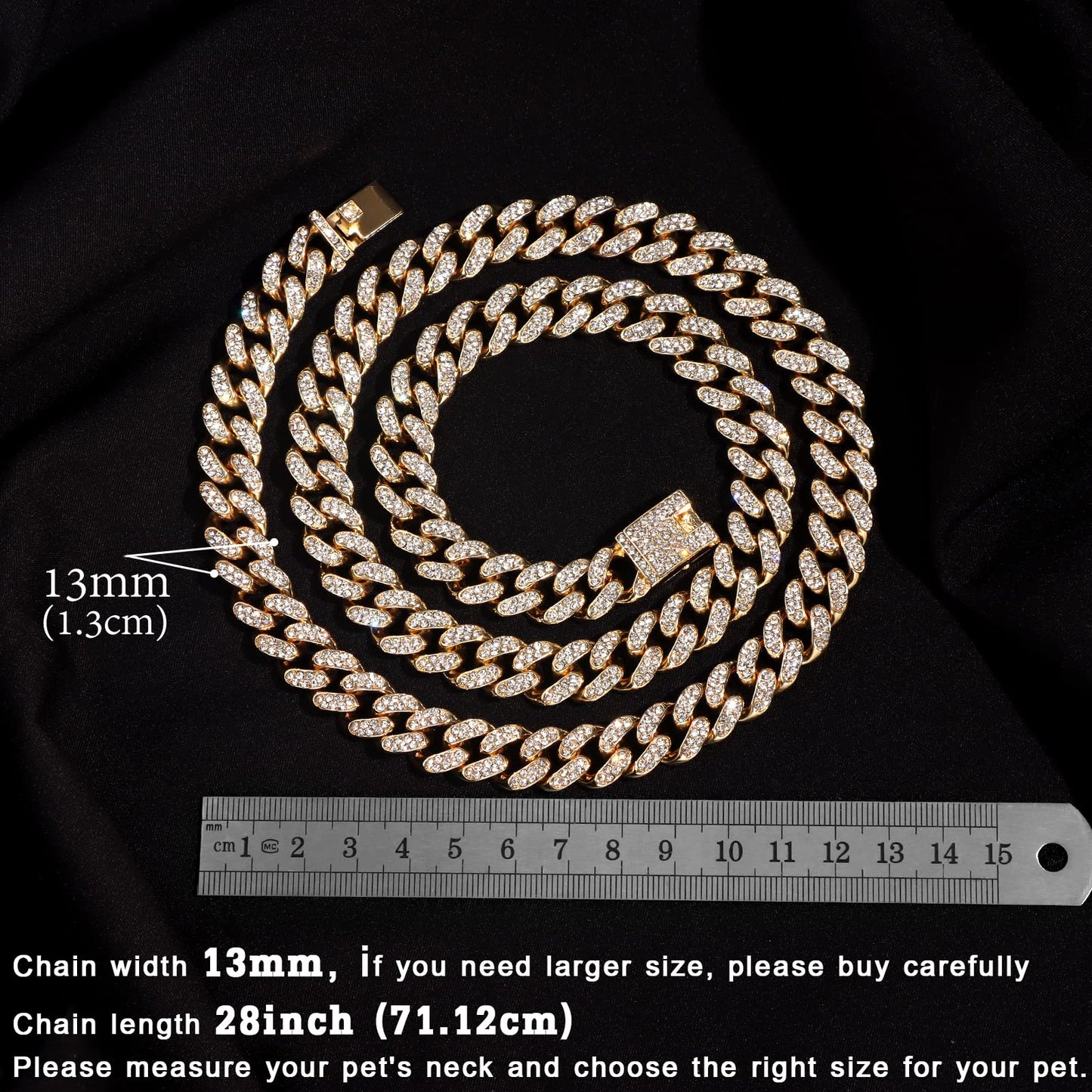 Cuban Link Dog Collar Gold Silver Color Metal Chain Diamond Pet Collars for Dogs Cats Jewelry 8/10/14/16/18/20/24/28 Inch (16inch, Gold)