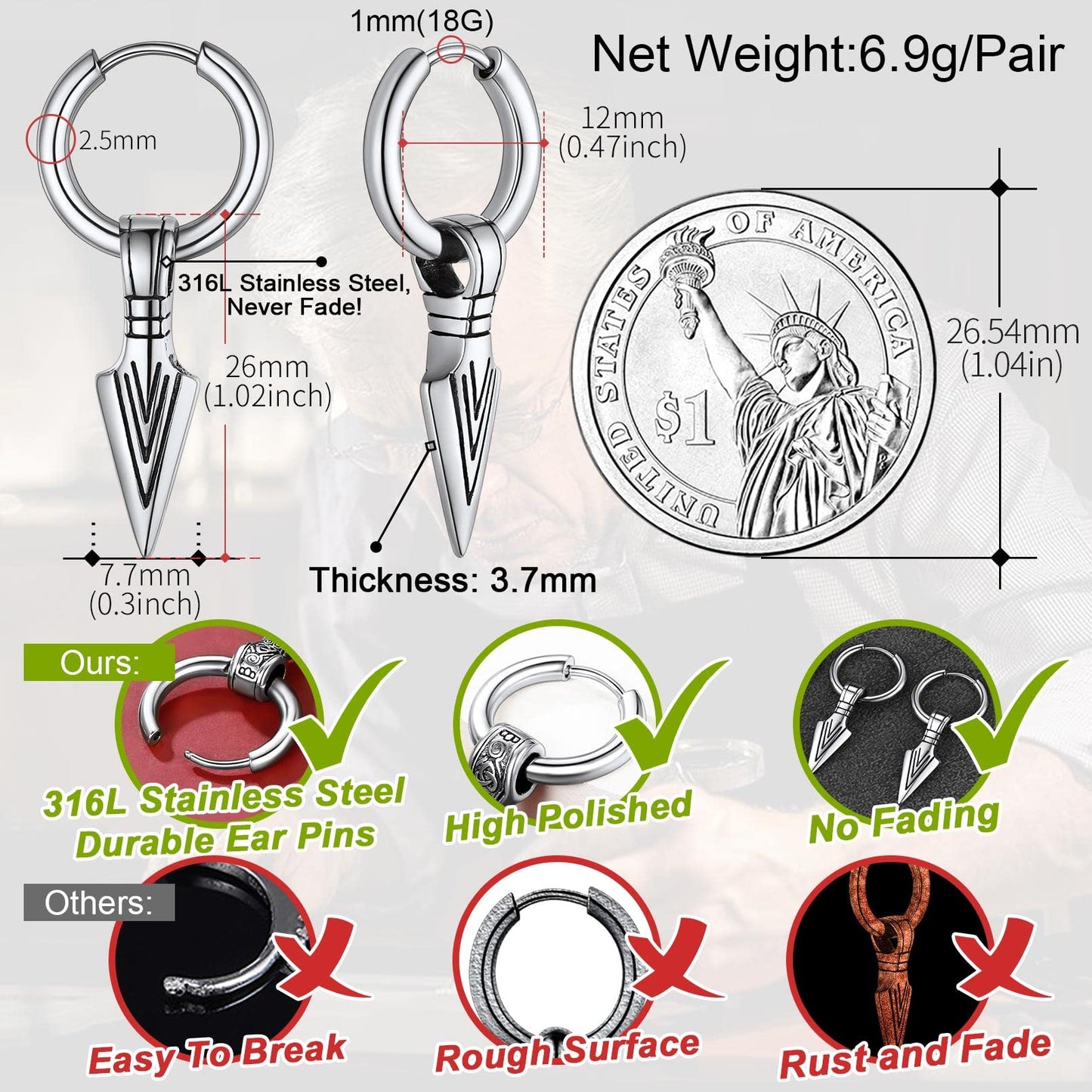 FaithHeart Viking Thors Hammer/Axe/Spear Head Earrings for Women Men Stainless Steel/18K Gold Plated Drop Earring Jewelry Gift Packaging