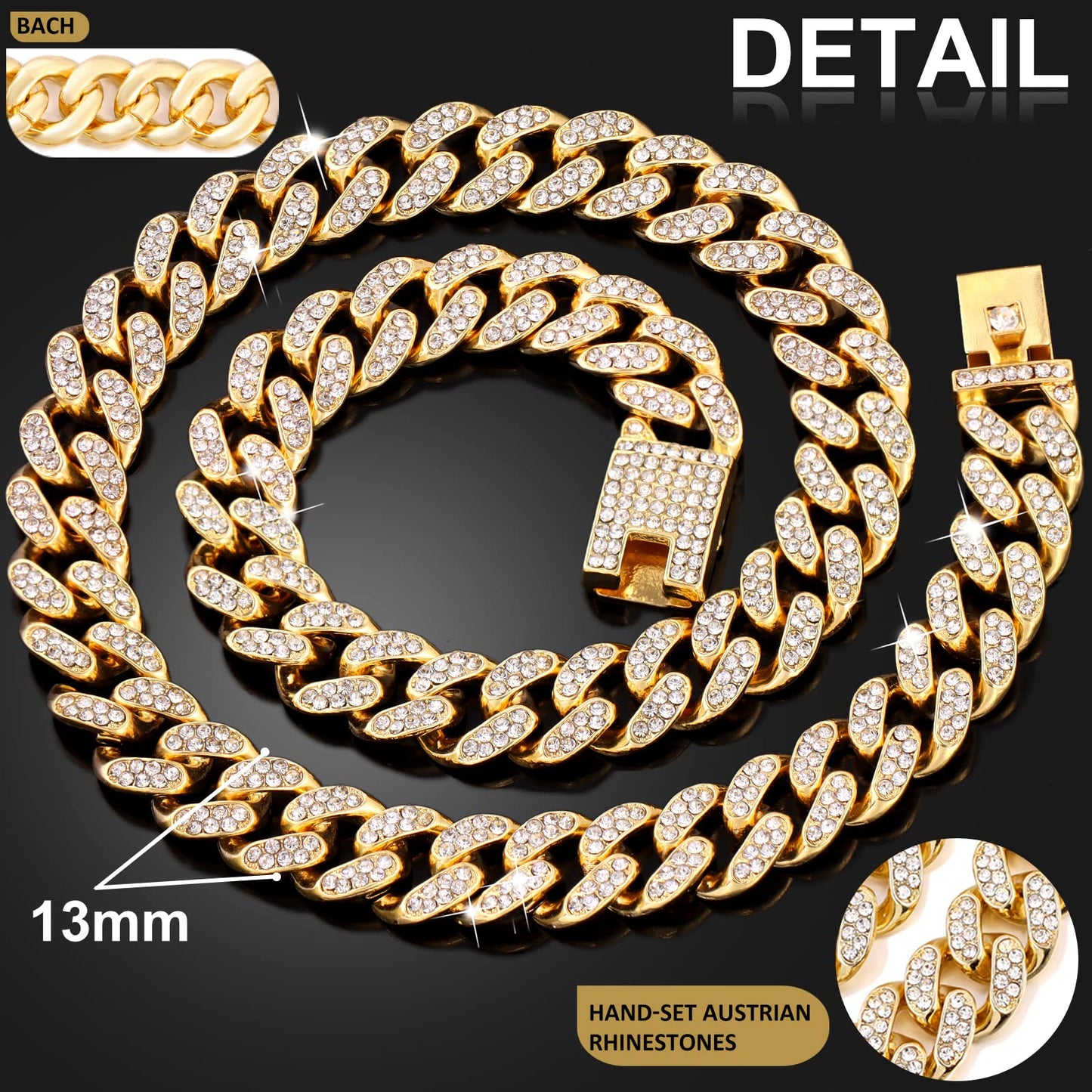 Cuban Link Dog Collar Gold Silver Color Metal Chain Diamond Pet Collars for Dogs Cats Jewelry 8/10/14/16/18/20/24/28 Inch (16inch, Gold)