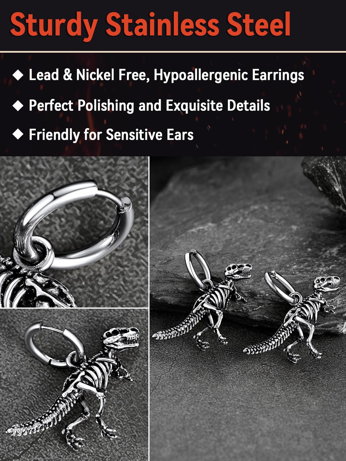 FaithHeart Dragon/Dinosaur/Snake Hoop Earrings for Men, Sturdy Stainless Steel Punk Biker Animals Hypoallergenic Jewelry, Gift Box