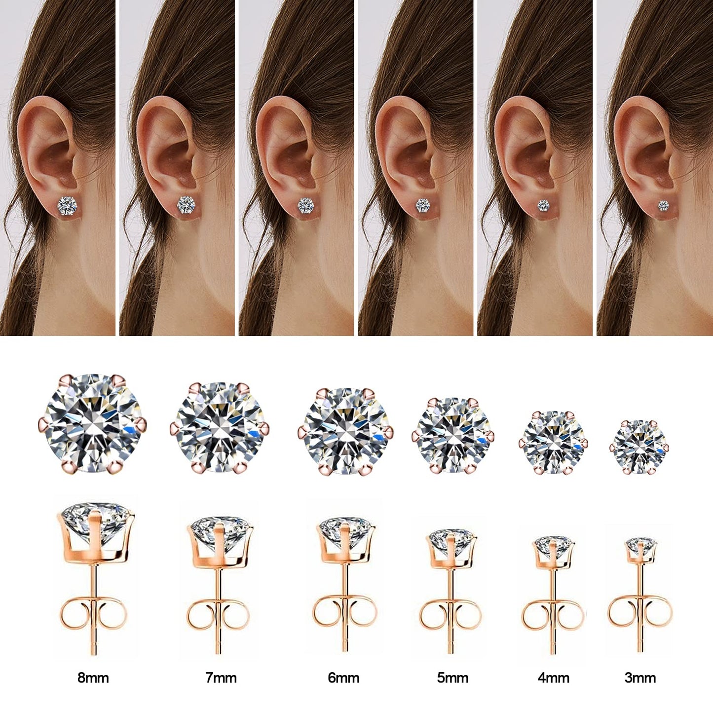 UHIBROS 6 Pairs Stainless Steel Stud Earrings Set Hypoallergenic Cubic Zirconia 14K White Gold 316L CZ Earrings