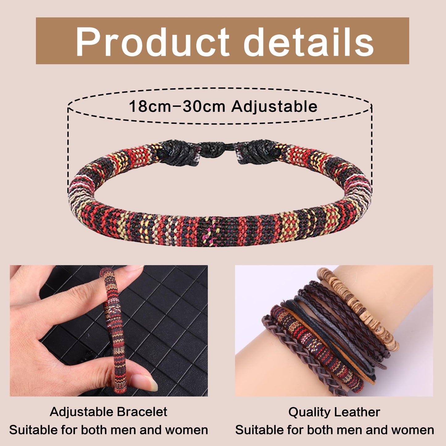 Florideco 30PCS Braided Leather Bracelets for Men Women Wrap Wood Beads Bracelet Woven Ethnic Tribal Rope Wristbands Bracelets Set Adjustable