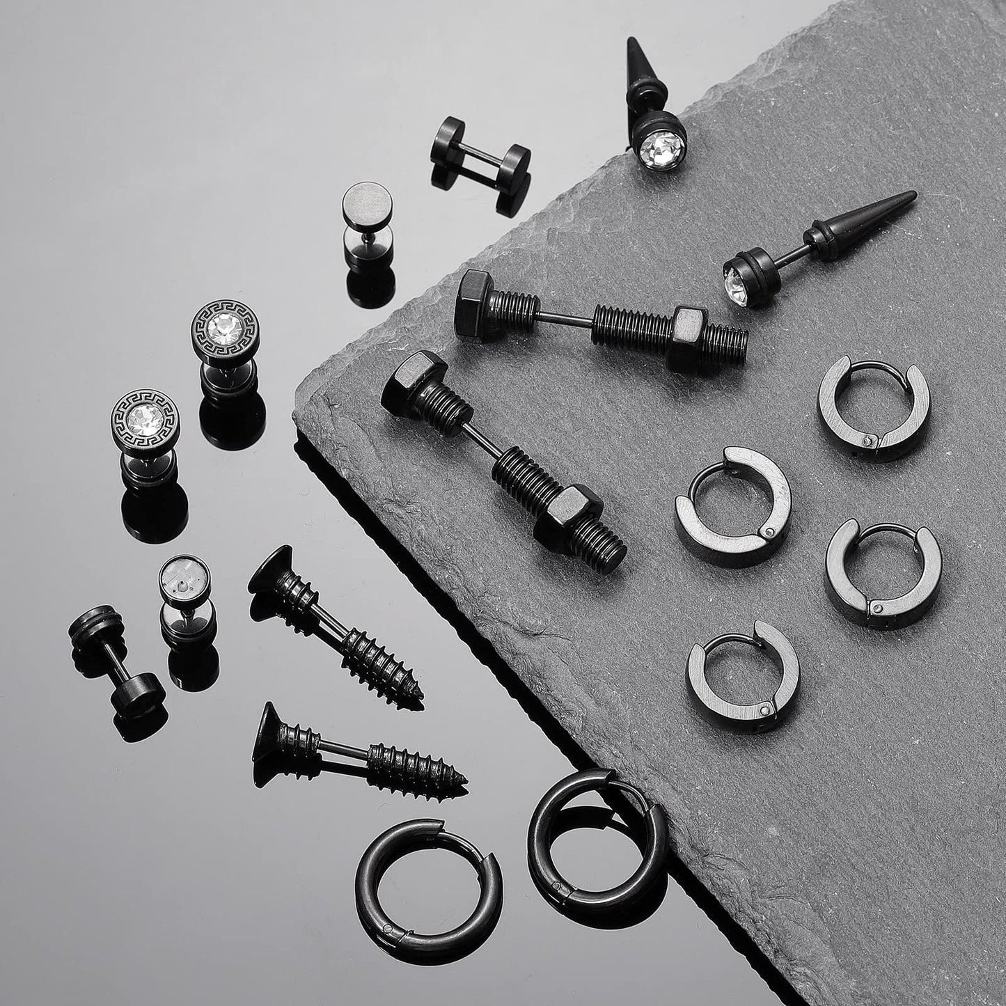 Black Stainless Steel Stud Earrings for Men Women Small Huggie Hoop Earrings Set for Men Cool Goth Punk Earrings Barbell Earrings Black Silver Hoop Cartilage Earring (Classic) (Black Tone)