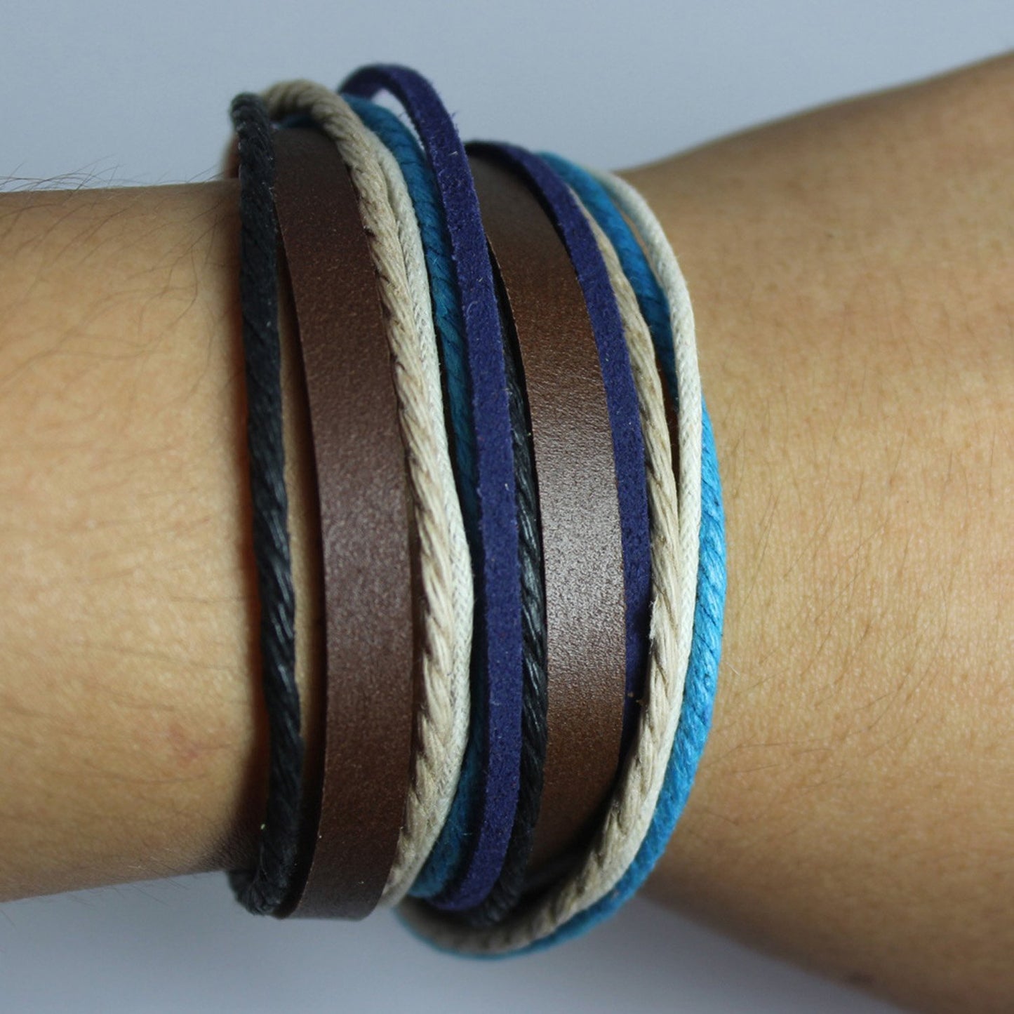 Genuine Leather Bracelet for Women & Men,Unisex Multilayer Leather Adjustable Bracelet Cuff Wrap Multicolor Rope Wristband