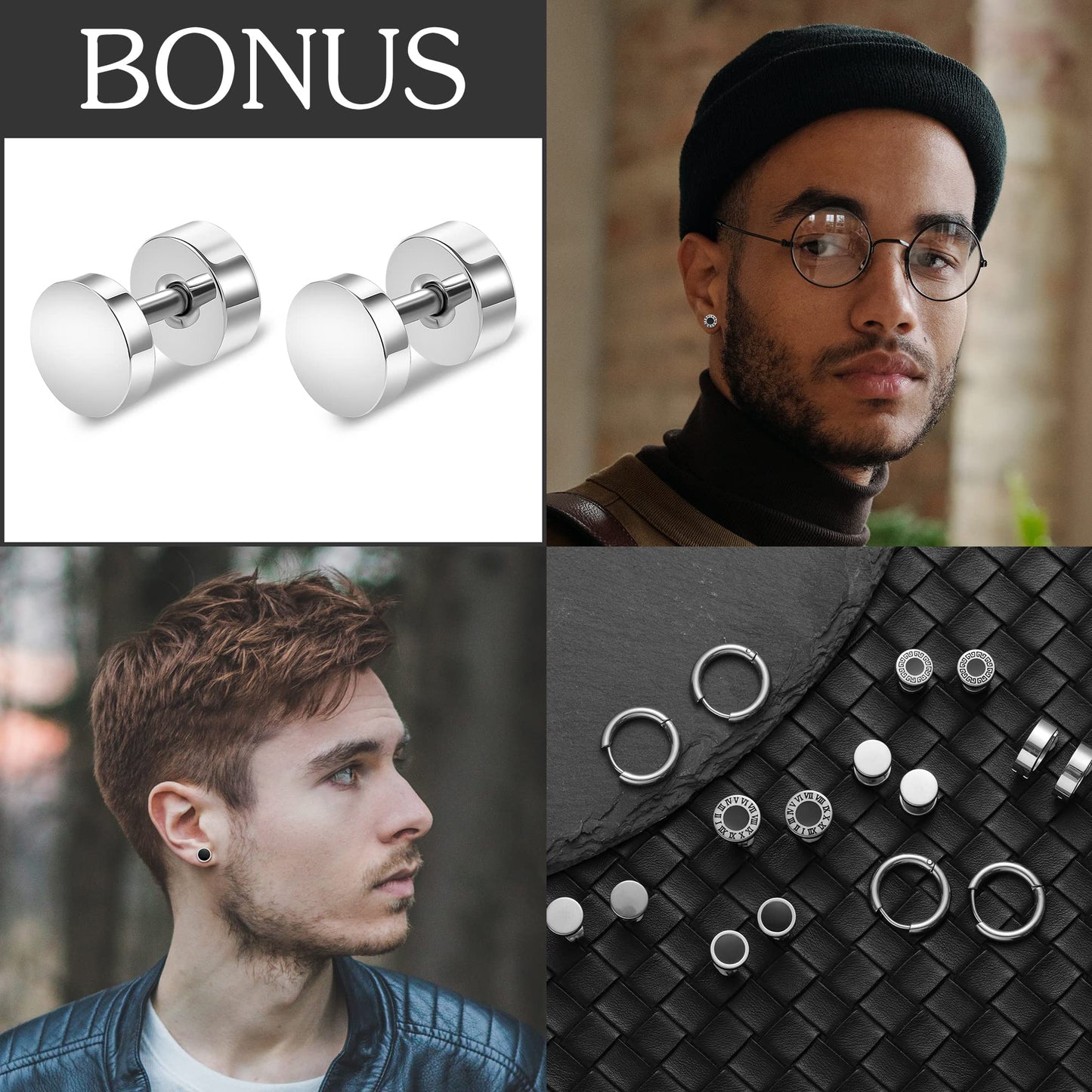 Black Stainless Steel Stud Earrings for Men Women Small Huggie Hoop Earrings Set for Men Cool Goth Punk Earrings Barbell Earrings Black Silver Hoop Cartilage Earring (Classic) (Black Tone)
