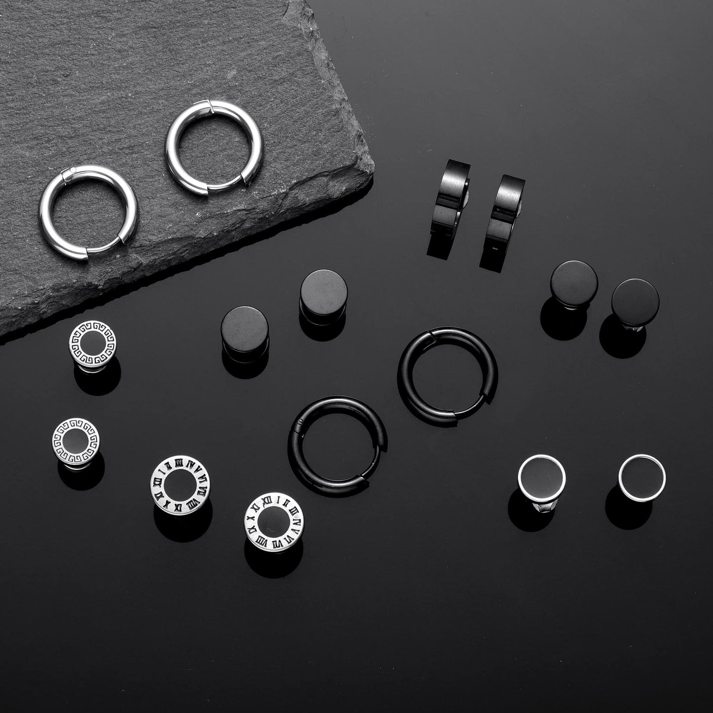 Black Stainless Steel Stud Earrings for Men Women Small Huggie Hoop Earrings Set for Men Cool Goth Punk Earrings Barbell Earrings Black Silver Hoop Cartilage Earring (Classic) (Black Tone)