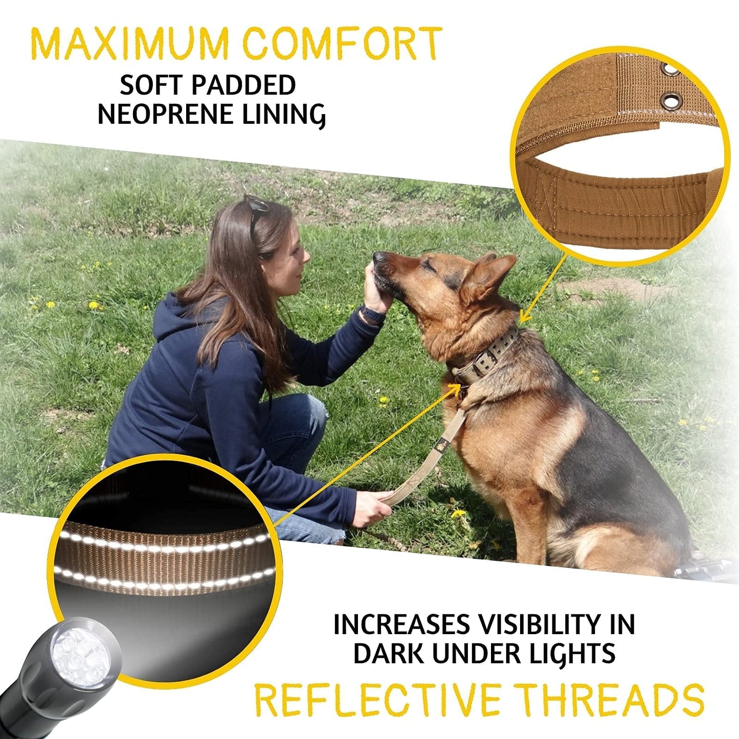 ADITYNA - Heavy Duty Dog Collar with Handle - Thick Dog Collar for Large Dogs - Wide, Reflective, Tactical, Soft Neoprene Padded - Perfect Dog Collar for Training and Walking
