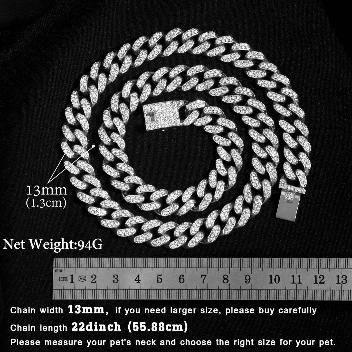 Cuban Link Dog Collar Gold Silver Color Metal Chain Diamond Pet Collars for Dogs Cats Jewelry 8/10/14/16/18/20/24/28 Inch (16inch, Gold)