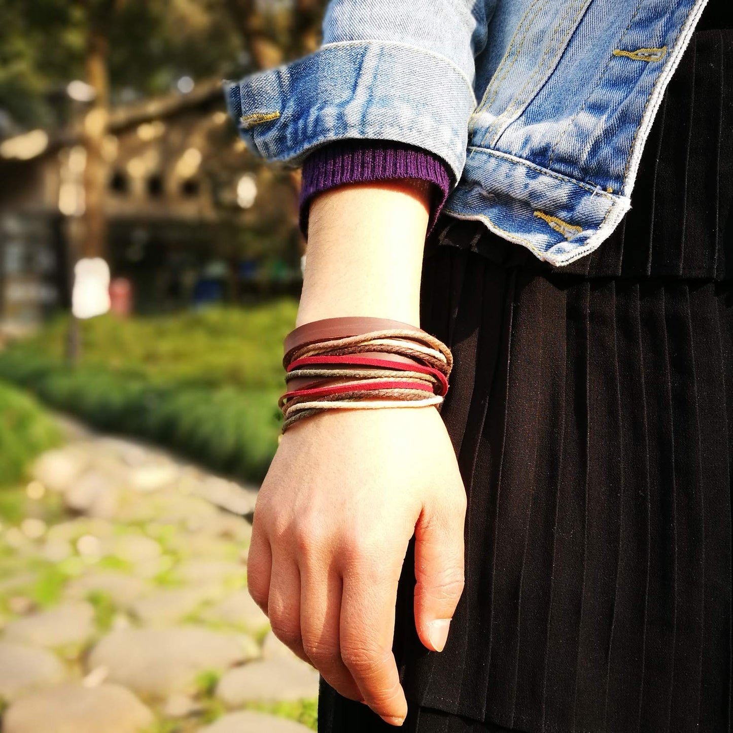 Genuine Leather Bracelet for Women & Men,Unisex Multilayer Leather Adjustable Bracelet Cuff Wrap Multicolor Rope Wristband