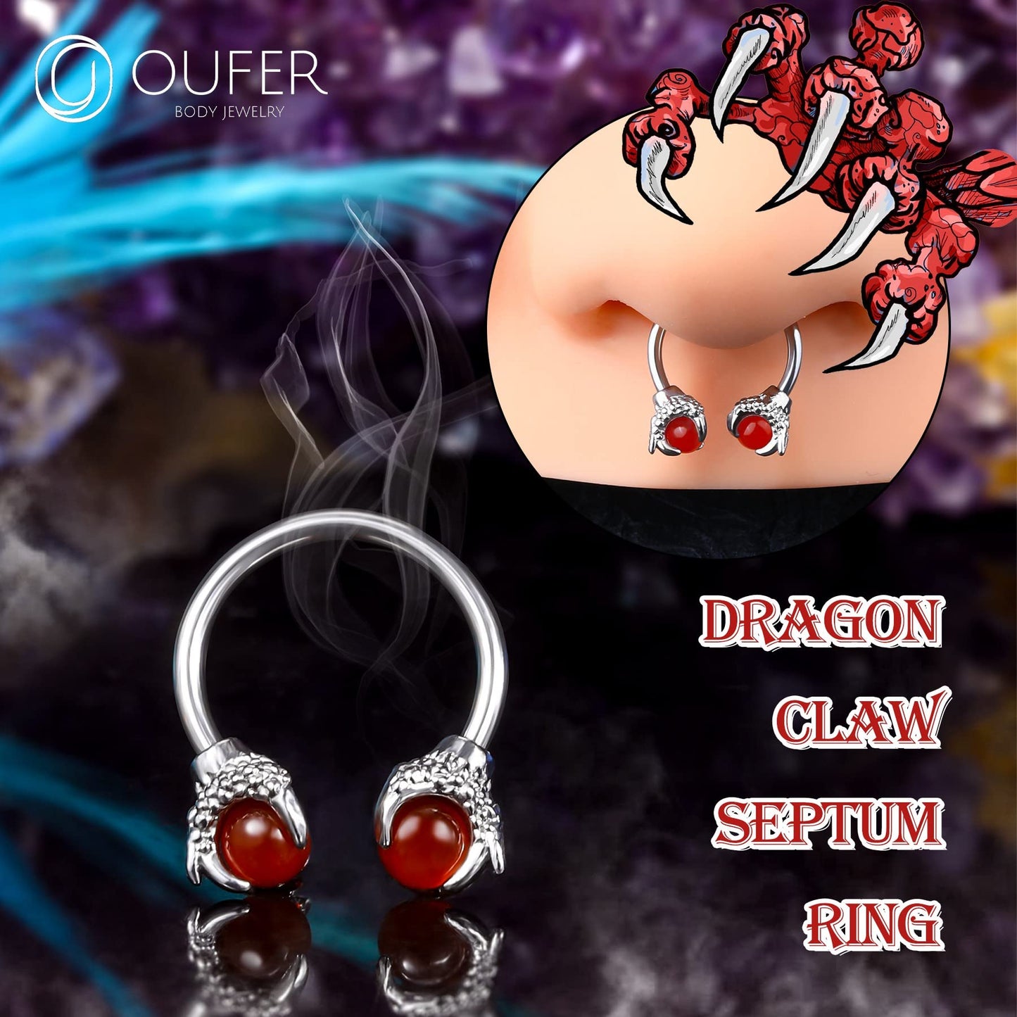 OUFER 316L Surgical Steel Circular Earrings Two White Opals Surrounded by Dragon Claws Cartilage Earing Ear Body Piercing Jewelry Helix Earrings Piercing…