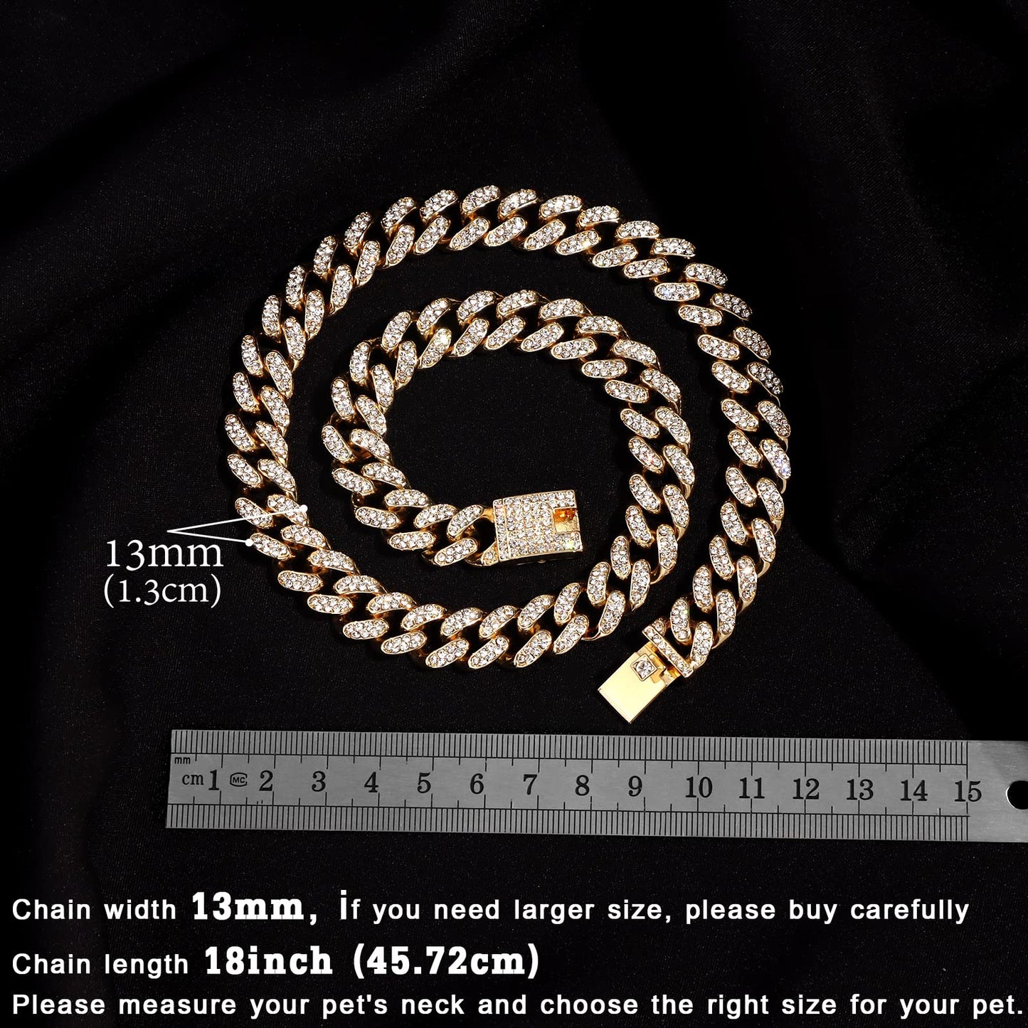 Cuban Link Dog Collar Gold Silver Color Metal Chain Diamond Pet Collars for Dogs Cats Jewelry 8/10/14/16/18/20/24/28 Inch (16inch, Gold)