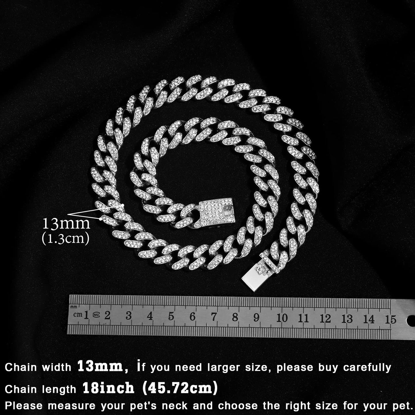 Cuban Link Dog Collar Gold Silver Color Metal Chain Diamond Pet Collars for Dogs Cats Jewelry 8/10/14/16/18/20/24/28 Inch (16inch, Gold)