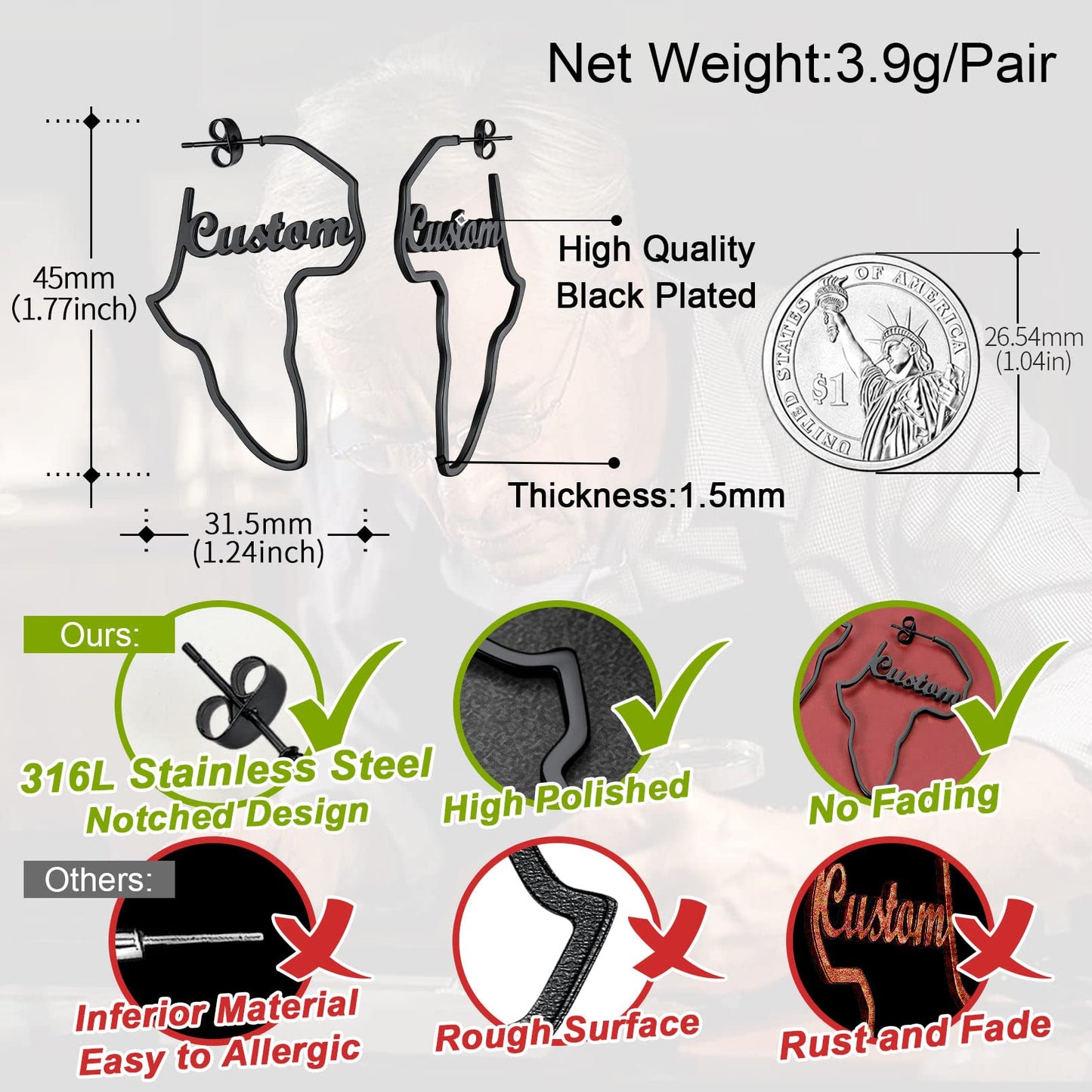 FaithHeart African Map Shaped Drop Earrings Stainless Steel/18K Gold Plated Statement Africa Jewelry Ear Charms for Women Teen Girls