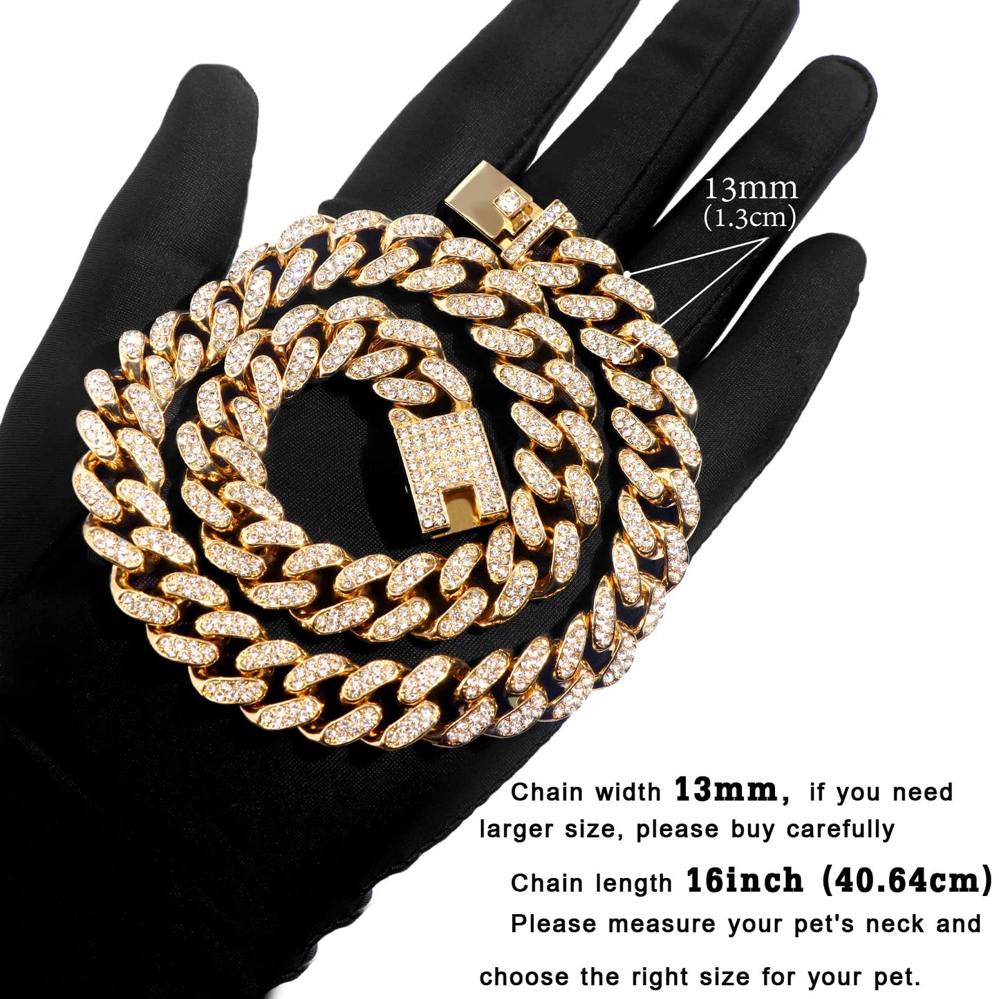 Cuban Link Dog Collar Gold Silver Color Metal Chain Diamond Pet Collars for Dogs Cats Jewelry 8/10/14/16/18/20/24/28 Inch (16inch, Gold)