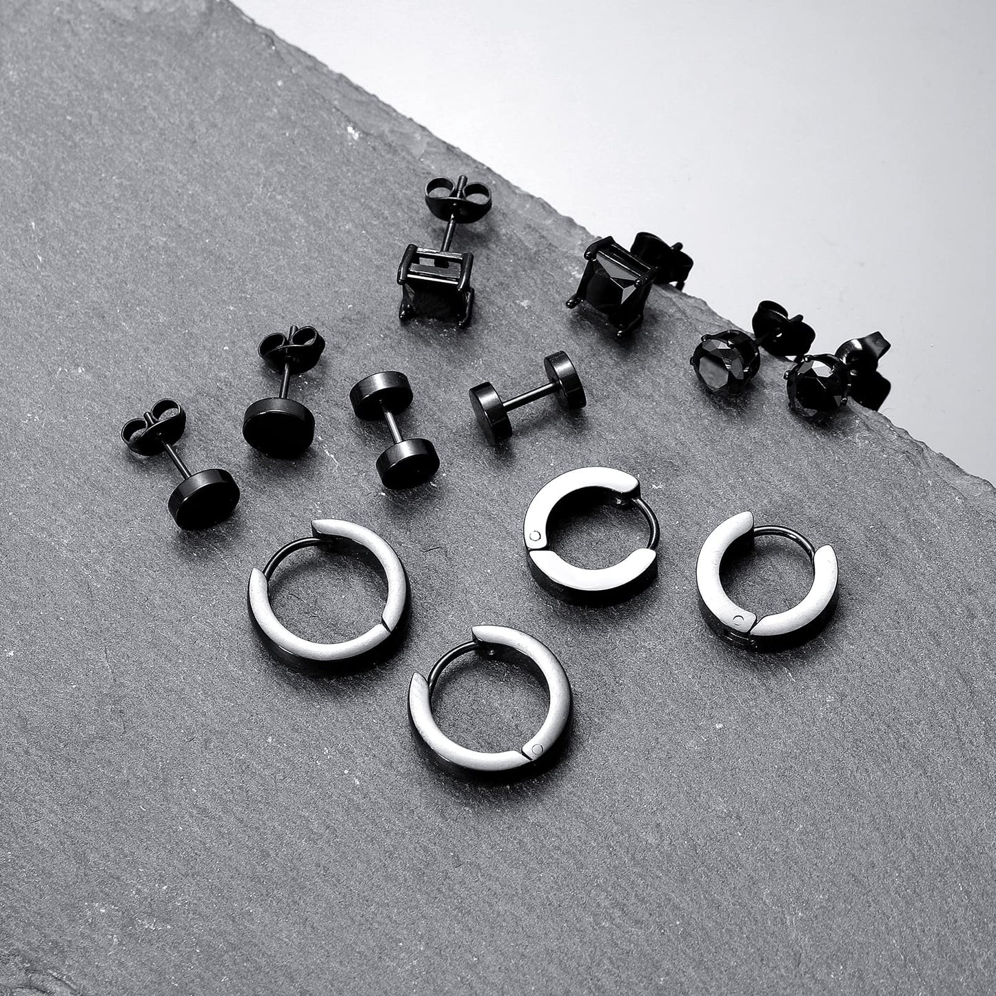 Black Stainless Steel Stud Earrings for Men Women Small Huggie Hoop Earrings Set for Men Cool Goth Punk Earrings Barbell Earrings Black Silver Hoop Cartilage Earring (Classic) (Black Tone)