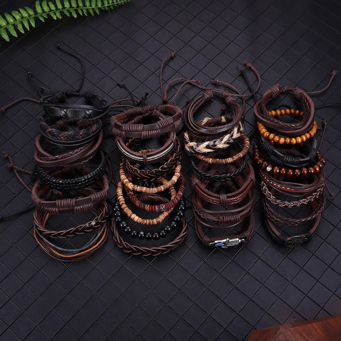 Florideco 30PCS Braided Leather Bracelets for Men Women Wrap Wood Beads Bracelet Woven Ethnic Tribal Rope Wristbands Bracelets Set Adjustable