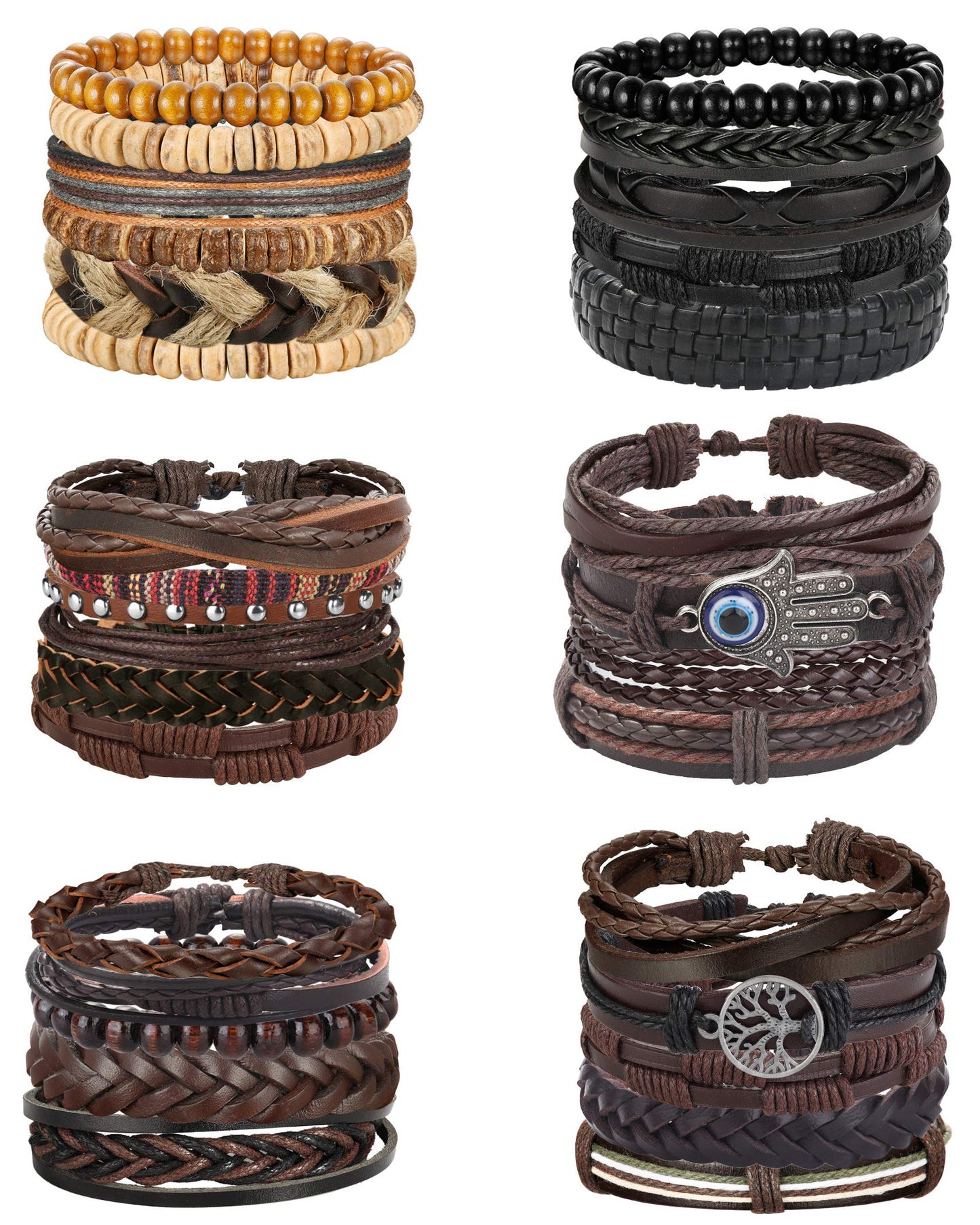 Florideco 30PCS Braided Leather Bracelets for Men Women Wrap Wood Beads Bracelet Woven Ethnic Tribal Rope Wristbands Bracelets Set Adjustable