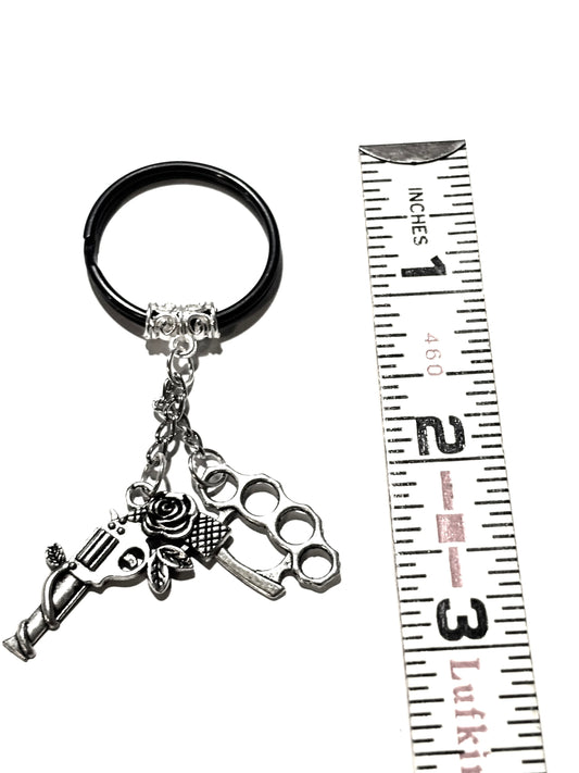 Brass Knuckle Duster and Pistol Dual Charm Keychain
