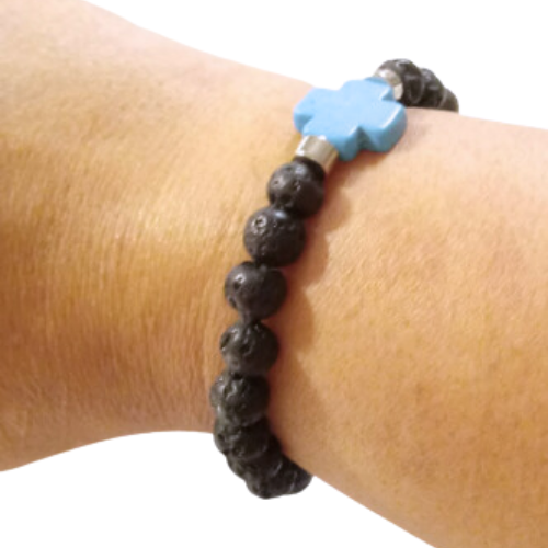 Celtic Cross Black Lava Rocks Bracelet