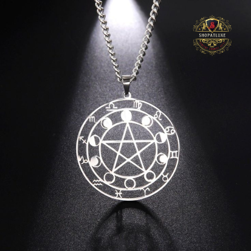 Zodiac and Moon Phases Pentacle Pendant Necklace