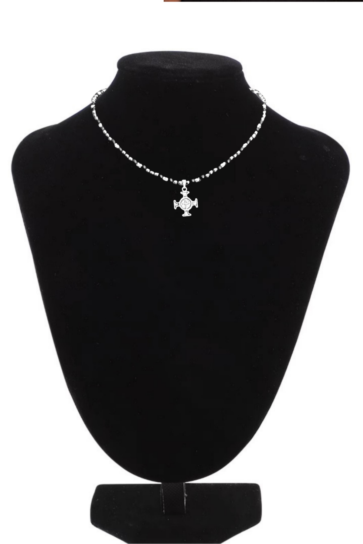 Genuine Hematite Beaded Choker Necklace with Steel Irish Cross