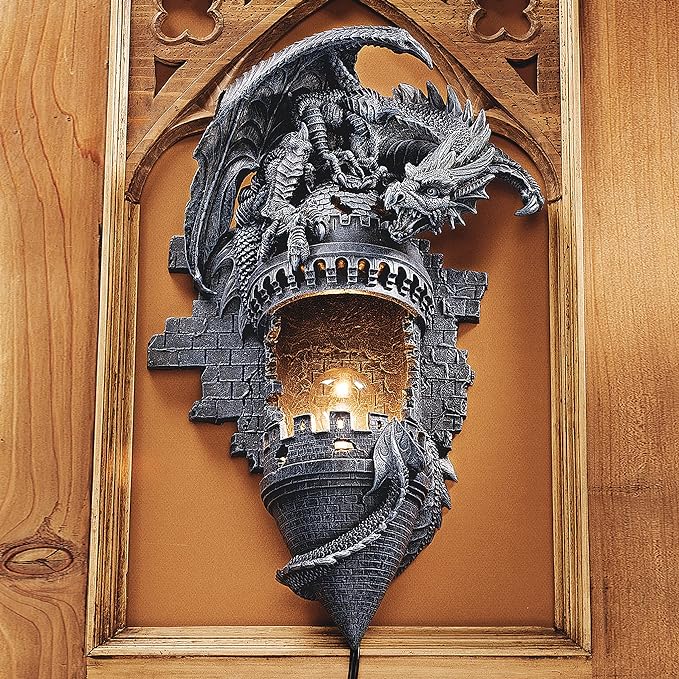 Design Toscano CL4387 Dragon's Castle Lair Electric Wall Sconce Light Fixture, Grey Stone