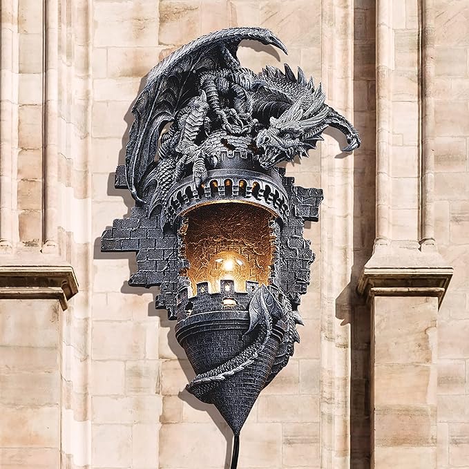 Design Toscano CL4387 Dragon's Castle Lair Electric Wall Sconce Light Fixture, Grey Stone