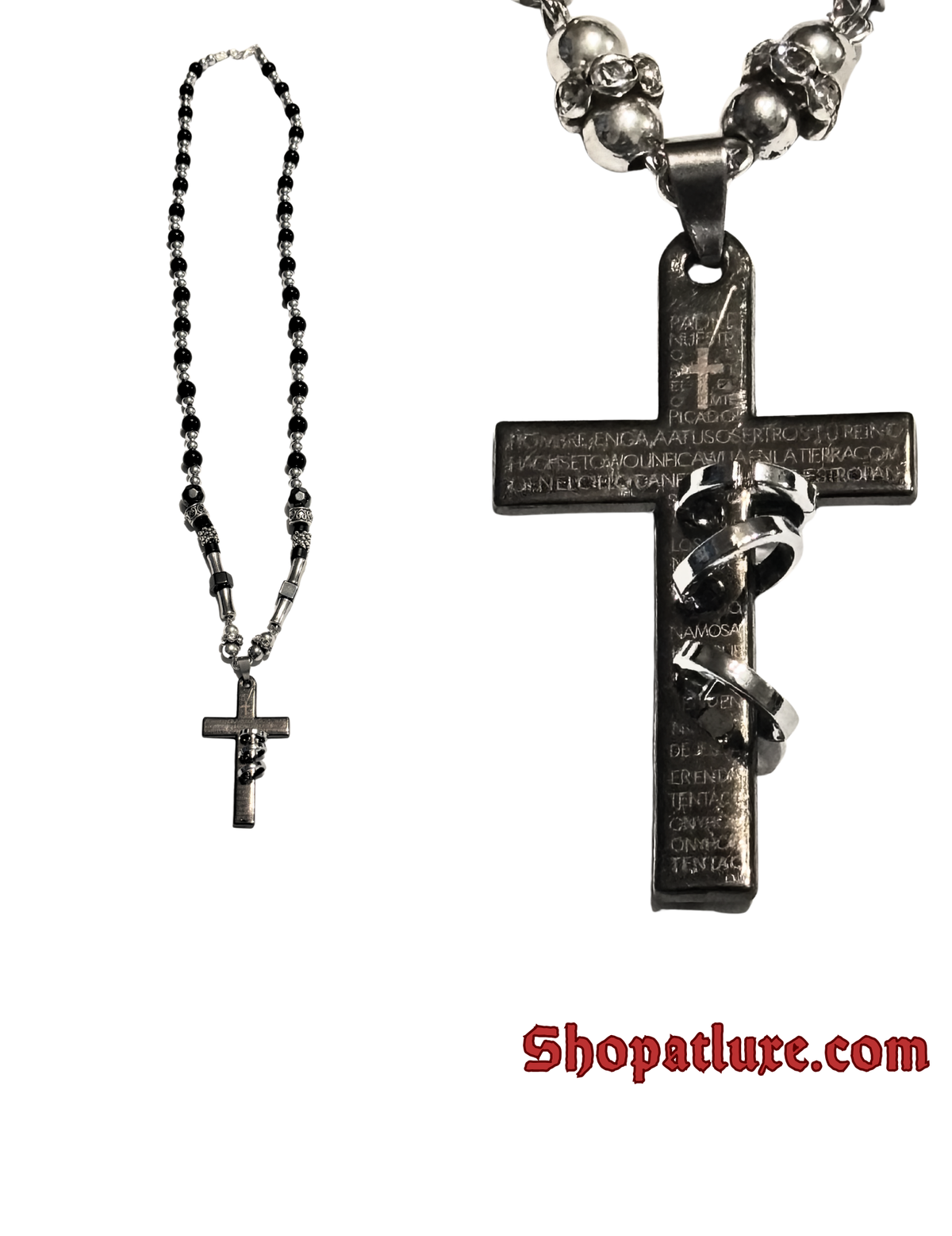 Genuine Hematite And Onyx Cross Necklace, Beaded Crucifix, Religious Jewelry