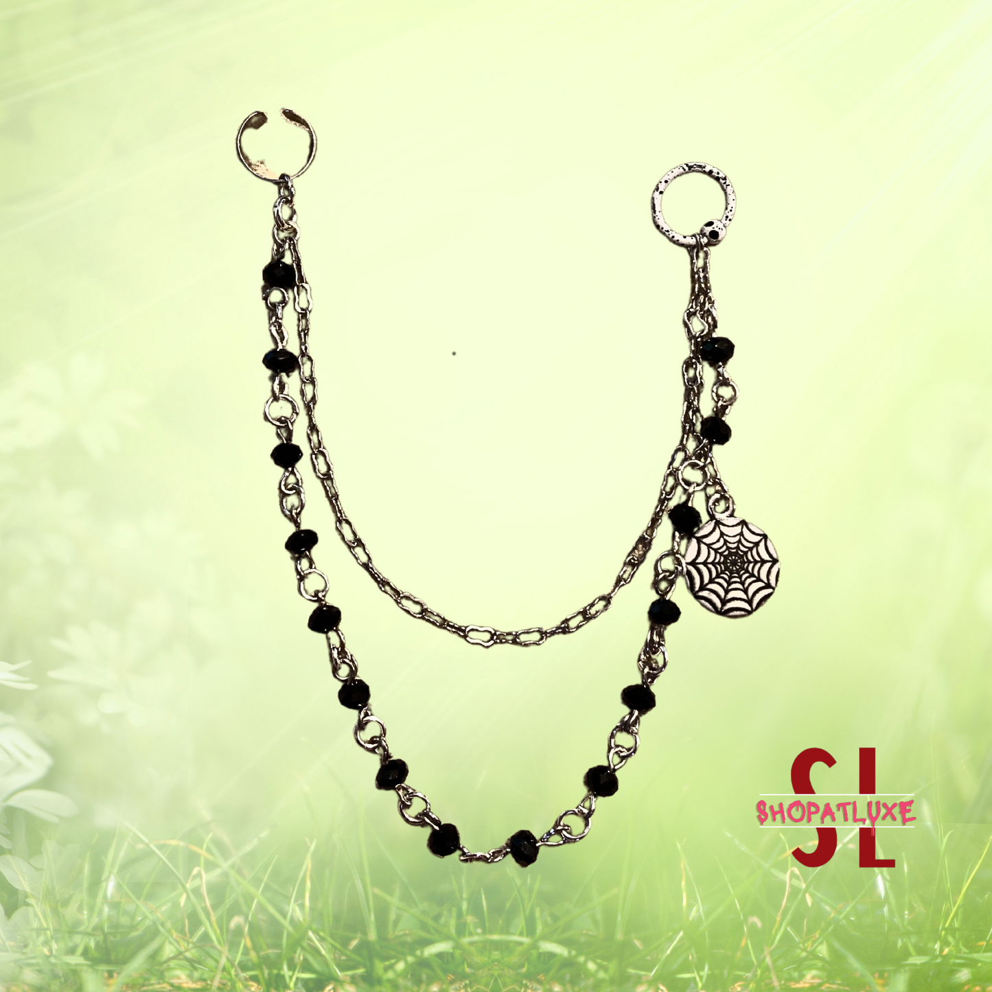 Crystal Beaded Ear Cuff And Captive Ring With Spider Charm