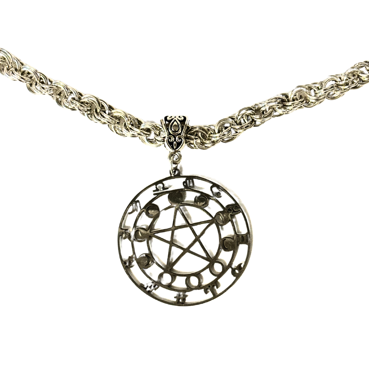 Zodiac Moon Phases Pentacle Pendant Hand Woven Necklace