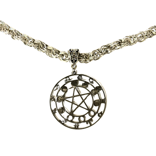 Zodiac Moon Phases Pentacle Pendant Hand Woven Necklace