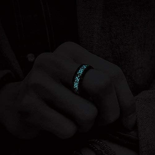 King Will DRAGON Mens Celtic Dragon Titanium Stainless Steel Ring Blue/Black/Green/Red Carbon Fibre Luminou Glow Celtic Dragon Titanium Stainless Steel Ring 7mm 8mm 9mm Zircon Polished Beveled Edge and Black Plated Wedding Band mens
