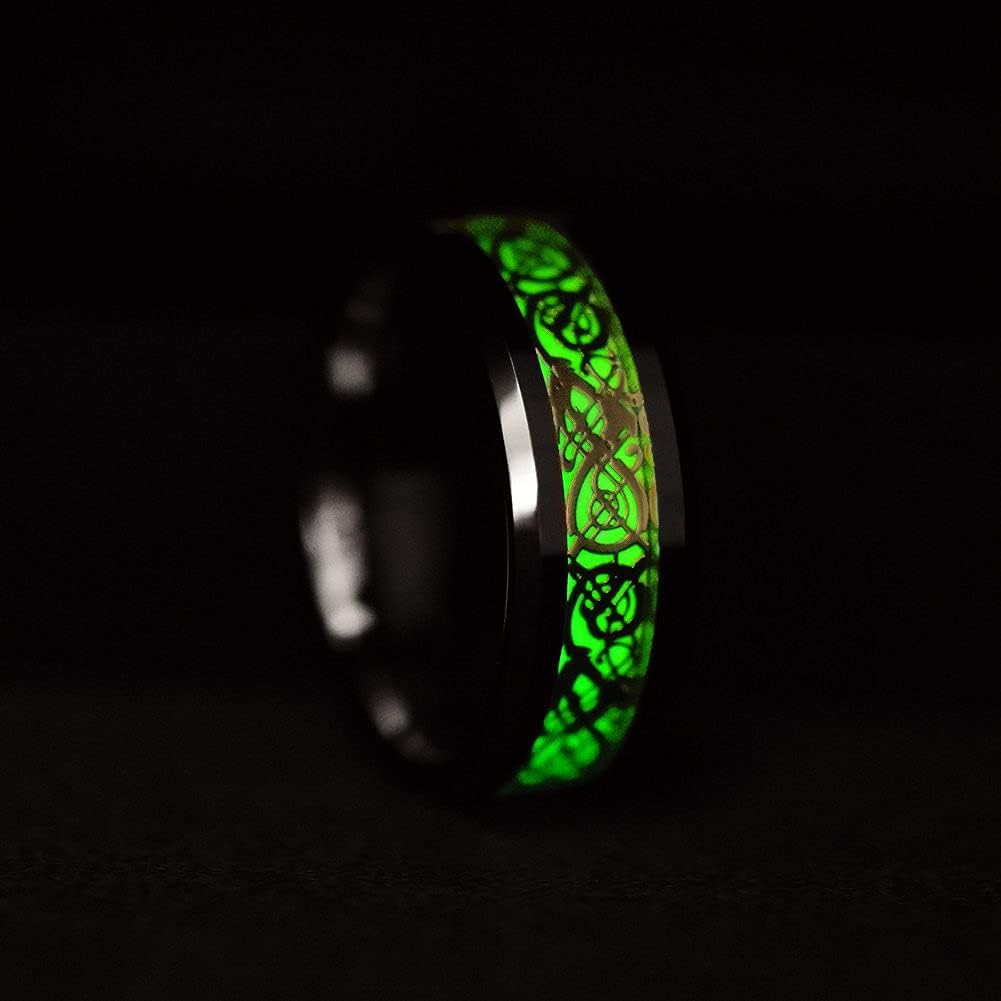 King Will DRAGON Mens Celtic Dragon Titanium Stainless Steel Ring Blue/Black/Green/Red Carbon Fibre Luminou Glow Celtic Dragon Titanium Stainless Steel Ring 7mm 8mm 9mm Zircon Polished Beveled Edge and Black Plated Wedding Band mens