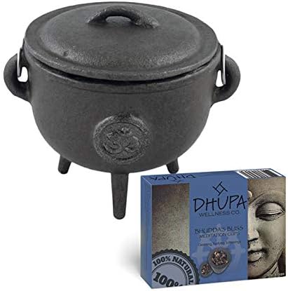 Cast Iron Cauldron with Lid and Carry Handle for Spells Wax Melt Burner, Smudging, Ritual & Blessings | Includes 6 Free Incense Smudge Cups (4.5 Inch, Pentagram)