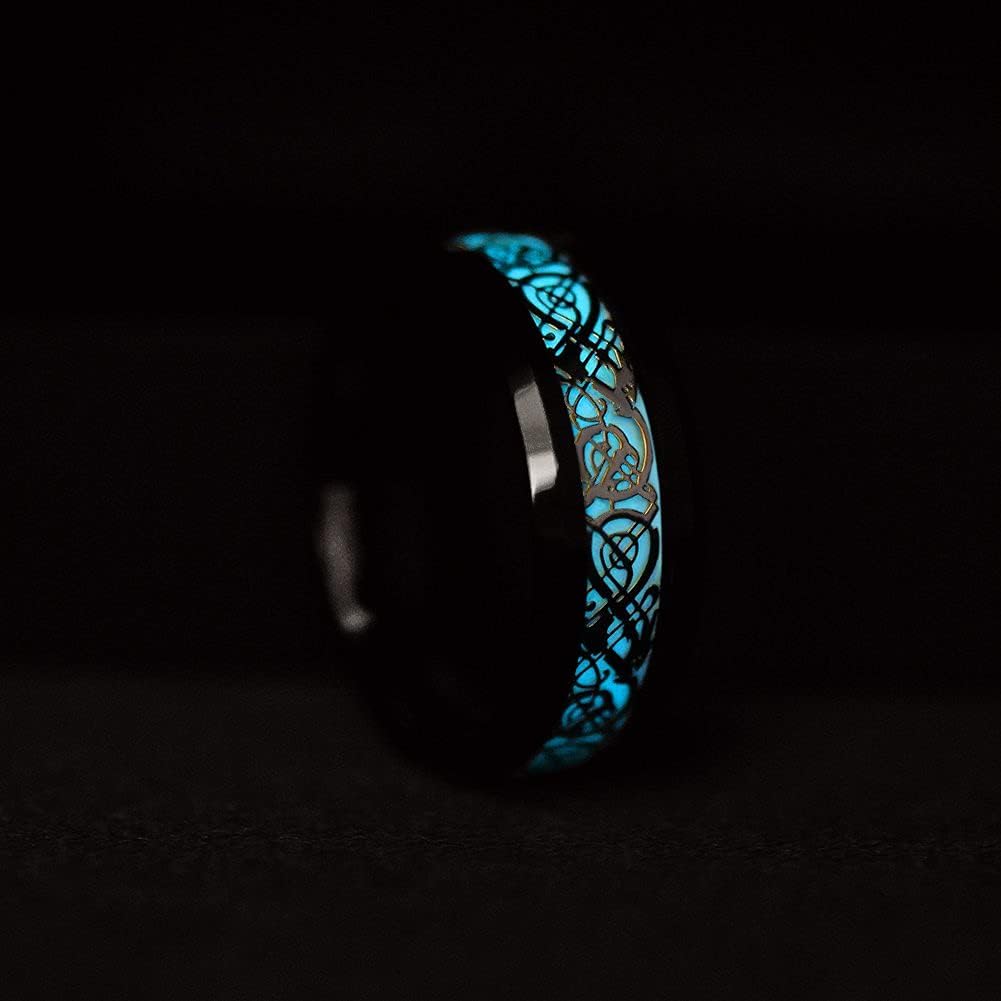 King Will DRAGON Mens Celtic Dragon Titanium Stainless Steel Ring Blue/Black/Green/Red Carbon Fibre Luminou Glow Celtic Dragon Titanium Stainless Steel Ring 7mm 8mm 9mm Zircon Polished Beveled Edge and Black Plated Wedding Band mens