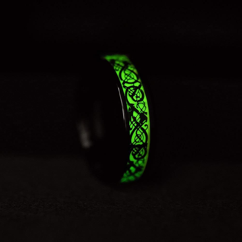 King Will DRAGON Mens Celtic Dragon Titanium Stainless Steel Ring Blue/Black/Green/Red Carbon Fibre Luminou Glow Celtic Dragon Titanium Stainless Steel Ring 7mm 8mm 9mm Zircon Polished Beveled Edge and Black Plated Wedding Band mens