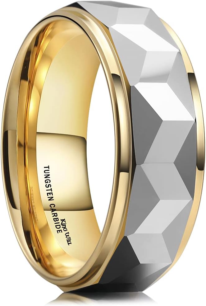 King Will 8mm Men's Tungsten Carbide Silver/Gold/Rose Gold Ring Gold Domed High Polished/Grooved/Faceted/Sandstone Sticker Inlay Step Edge Comfort Fit Wedding Ring