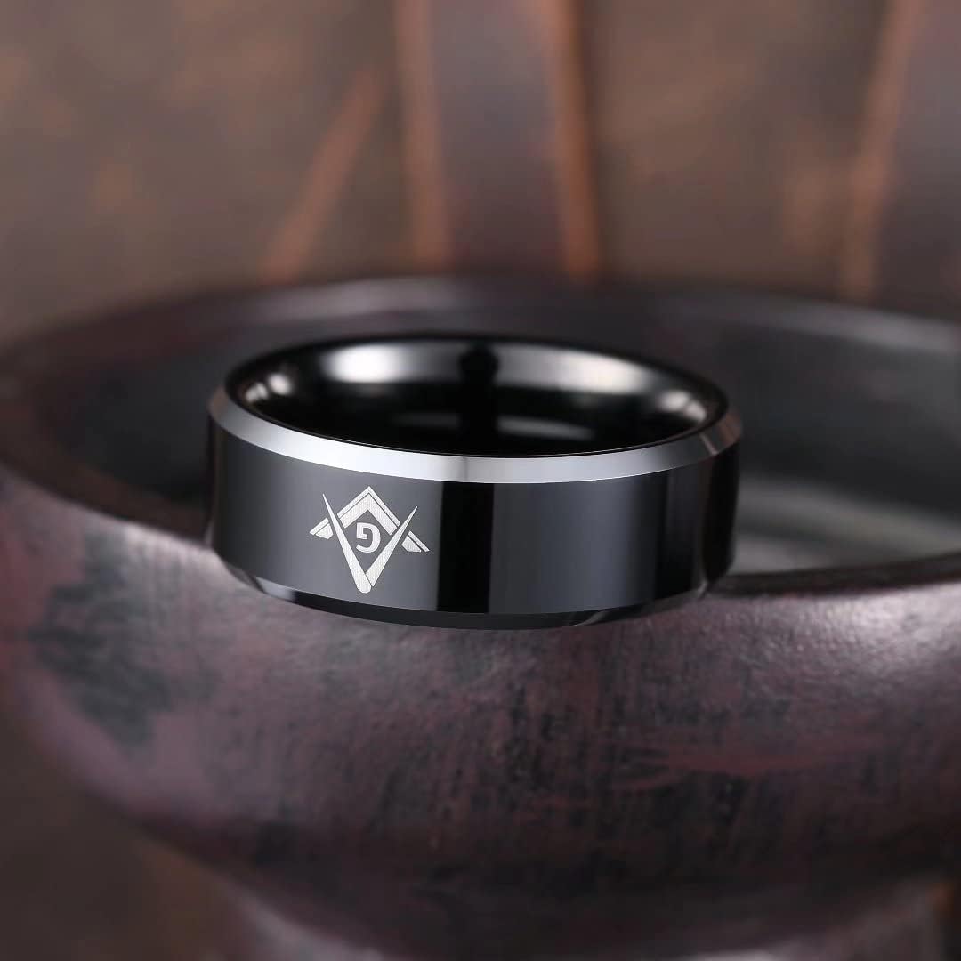 King Will CLASSIC 8mm Black Men's Tungsten Carbide Ring Polished Masonic Compass Square Free Mason