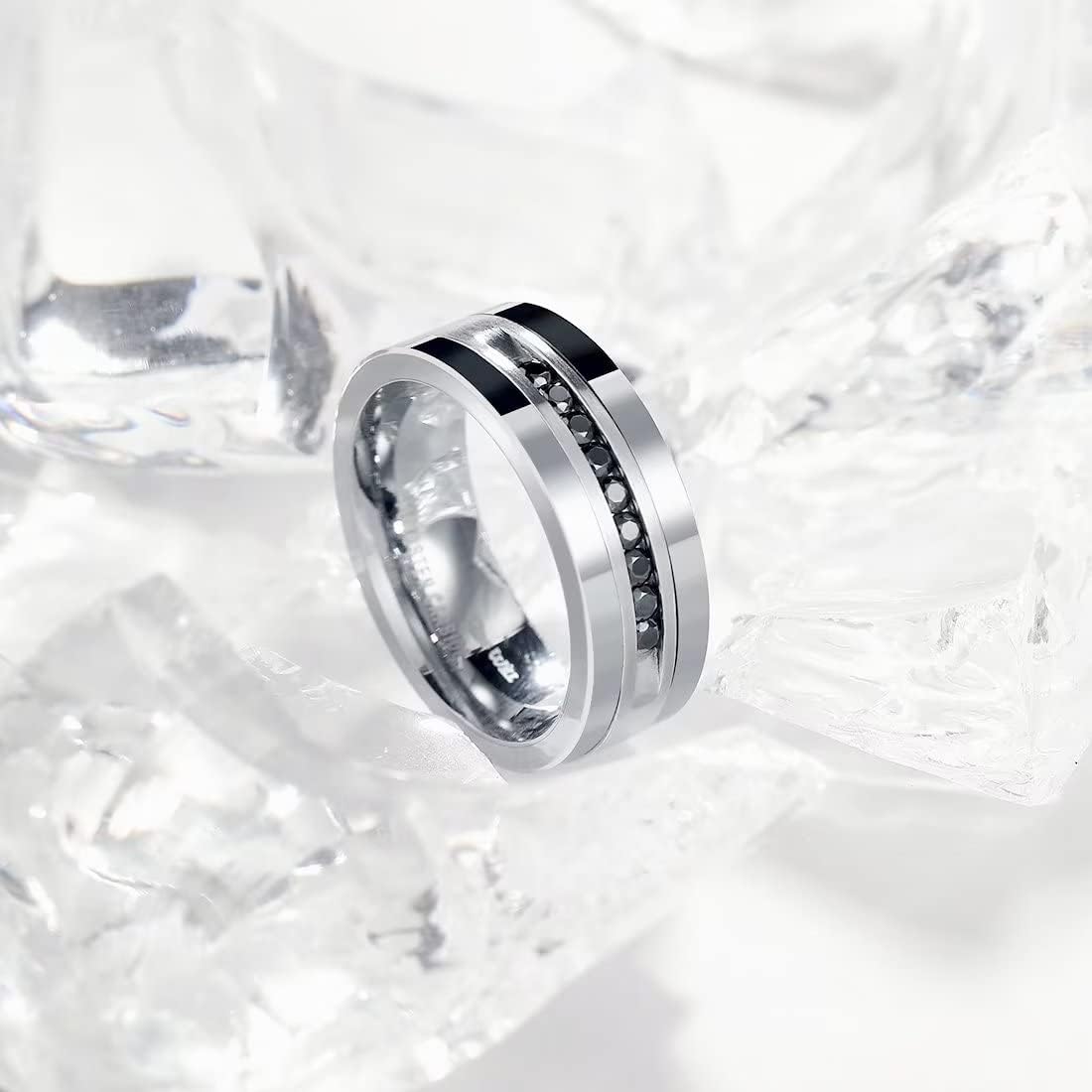 King Will GEM Mens 8mm Black Polished Finish Tungsten Carbide Ring Cubic Zircon Stones Flat Style