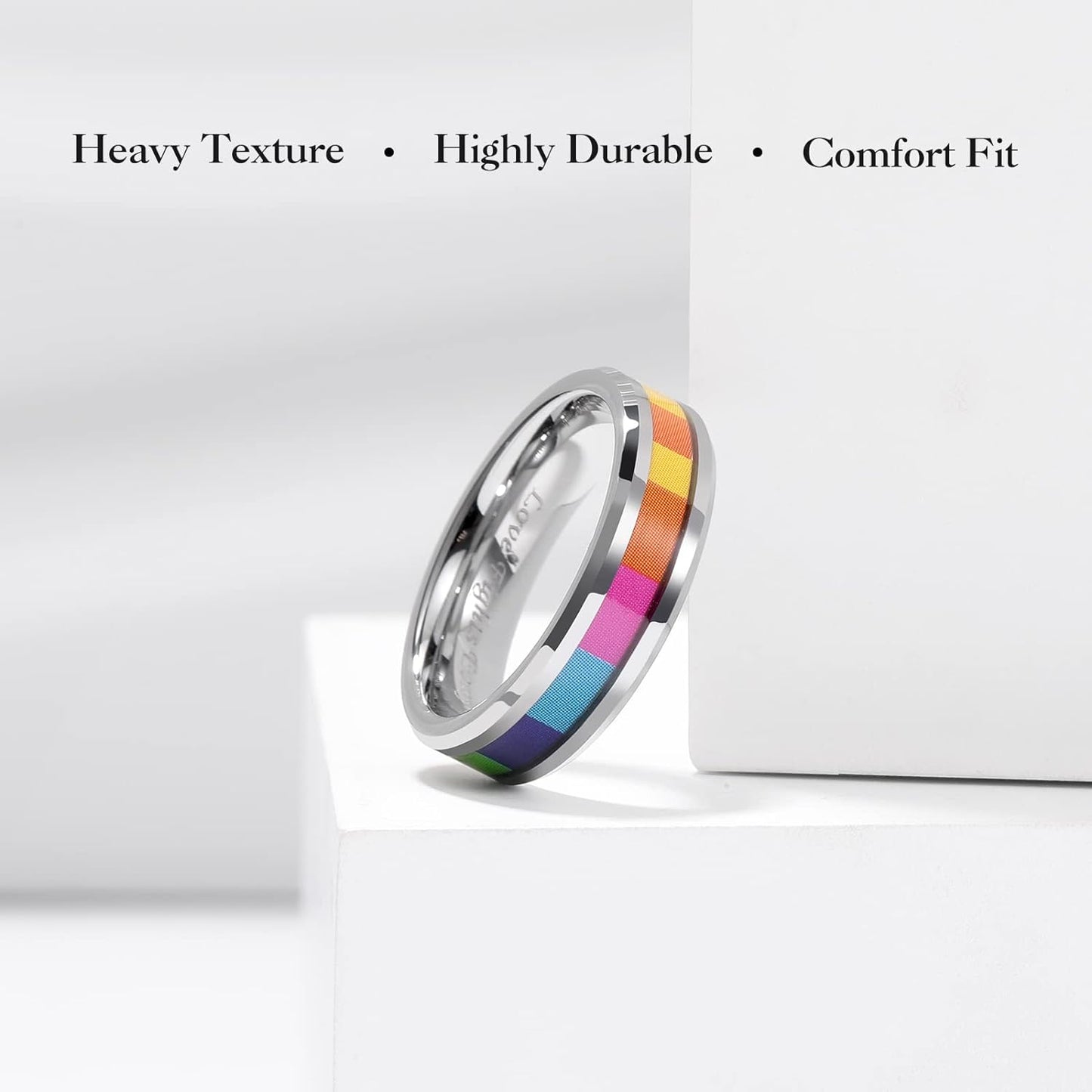 King Will Tungsten Carbide Wedding Band for Men - 8mm Black Plated High Polished Inlay Rainbow Sticker Rings for Weddding Engagement Comfort Fit