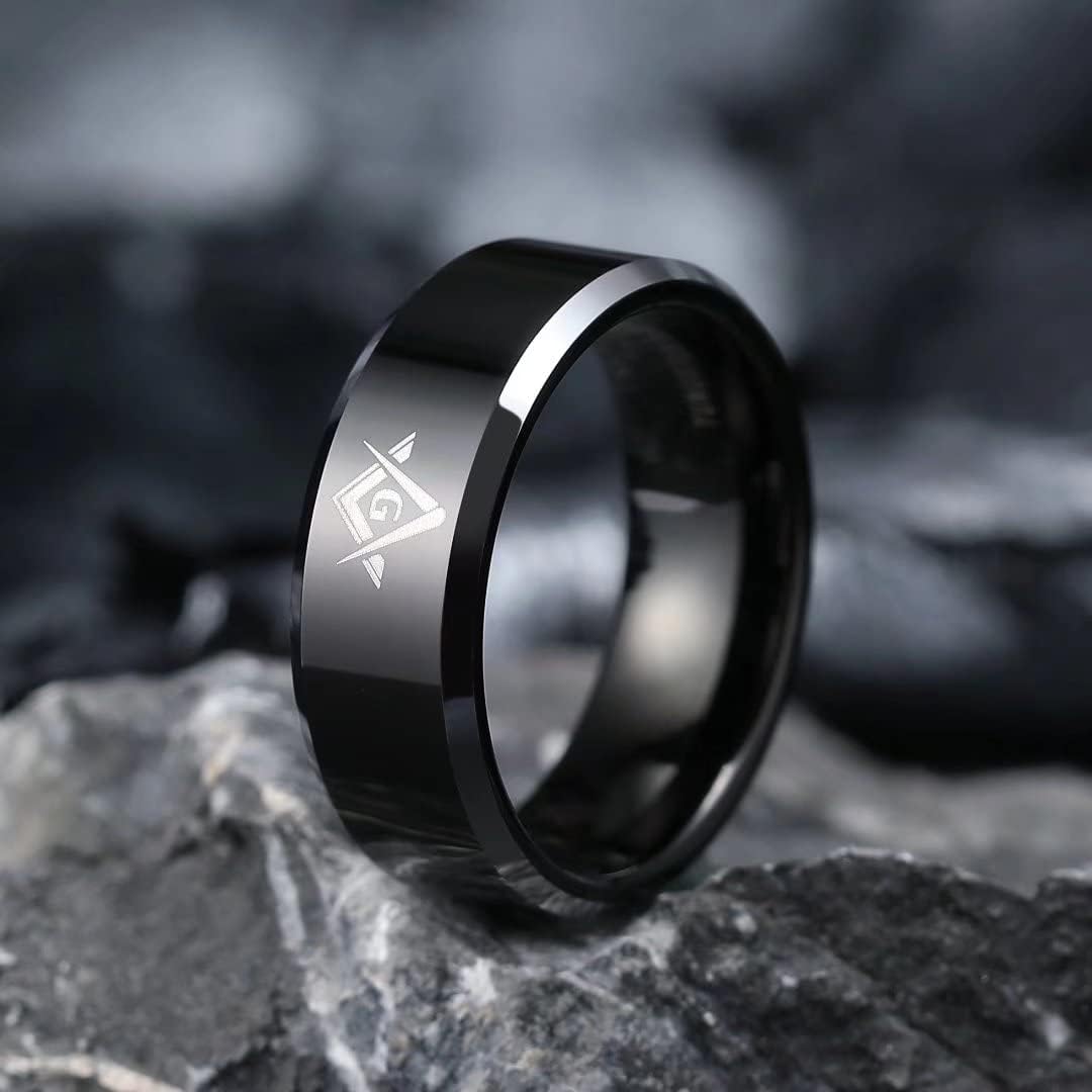 King Will CLASSIC 8mm Black Men's Tungsten Carbide Ring Polished Masonic Compass Square Free Mason