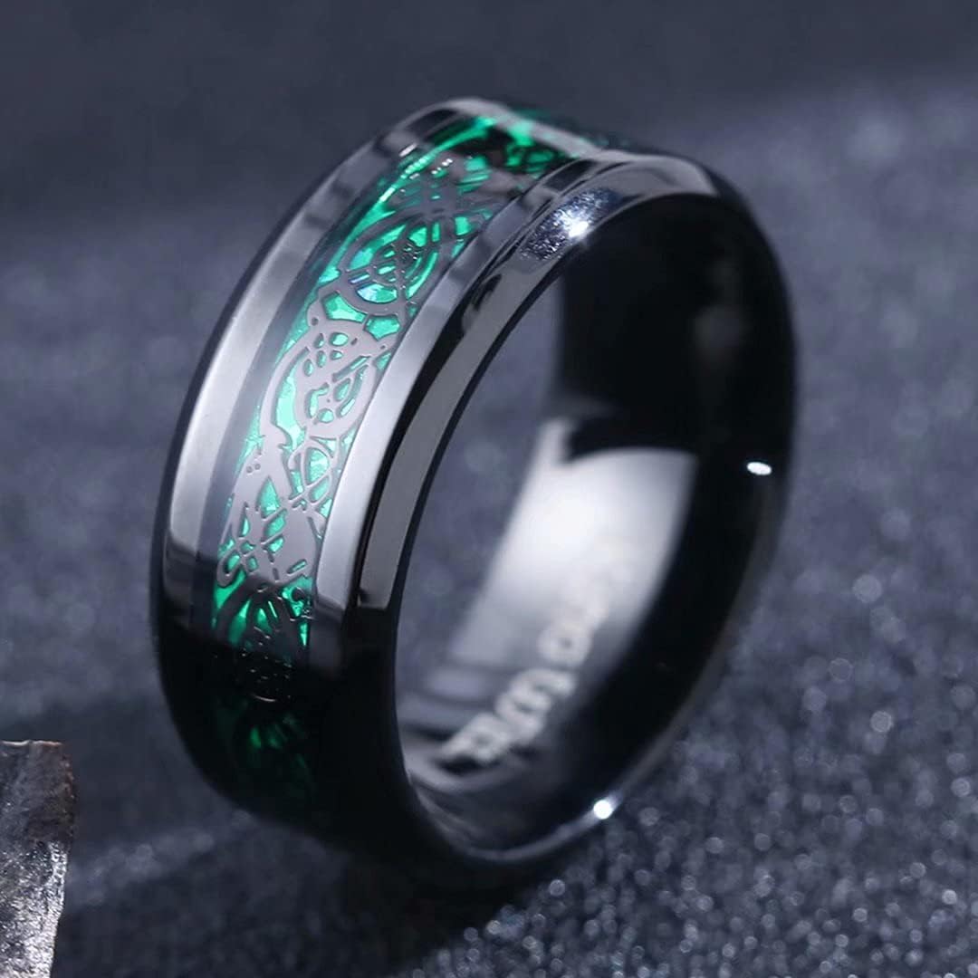 King Will DRAGON Mens Celtic Dragon Titanium Stainless Steel Ring Blue/Black/Green/Red Carbon Fibre Luminou Glow Celtic Dragon Titanium Stainless Steel Ring 7mm 8mm 9mm Zircon Polished Beveled Edge and Black Plated Wedding Band mens