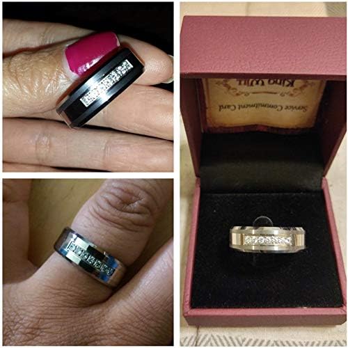 King Will GEM Mens 8mm Black Polished Finish Tungsten Carbide Ring Cubic Zircon Stones Flat Style